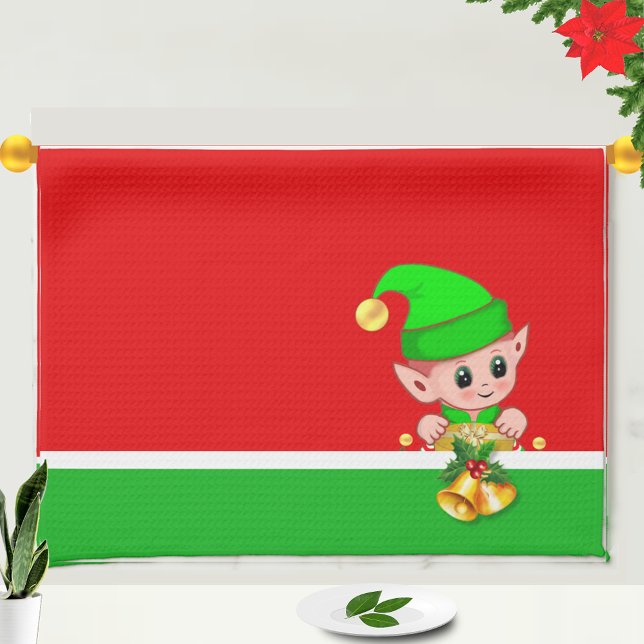 Christmas Bells and Cute Elf on Green and  Red Tea Towel (Creator Uploaded)