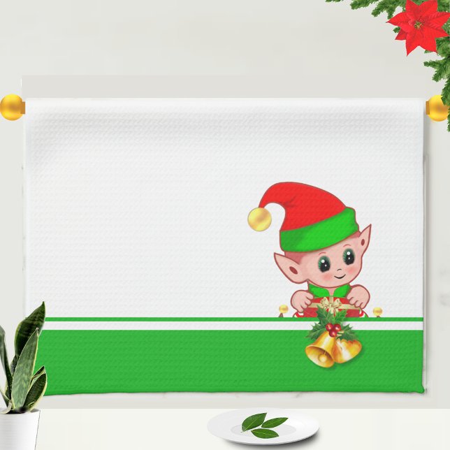 Christmas Bells and Cute Elf on Green and White Tea Towel (Creator Uploaded)