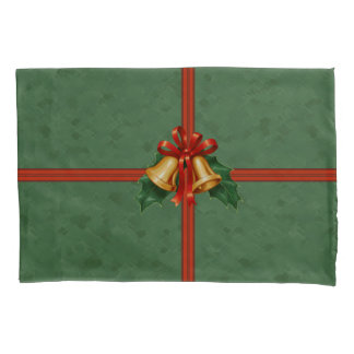 Christmas Bells and Holly Leaves Green Pillowcase