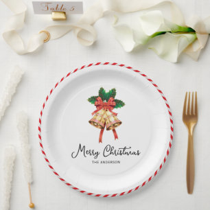 Christmas Bells And Red Ribbon Xmas Holiday Paper Plate