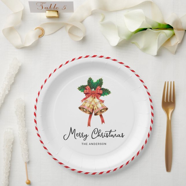 Christmas Bells And Red Ribbon Xmas Holiday Paper Plate (Wedding)