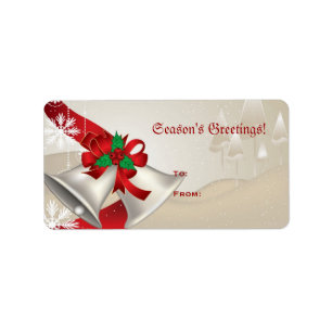 Christmas Bells And Ribbons On Beige Label