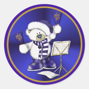 Christmas Bells Bear Blue and Gold Classic Round Sticker
