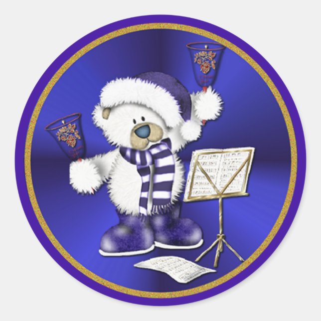 Christmas Bells Bear Blue and Gold Stickers (Front)
