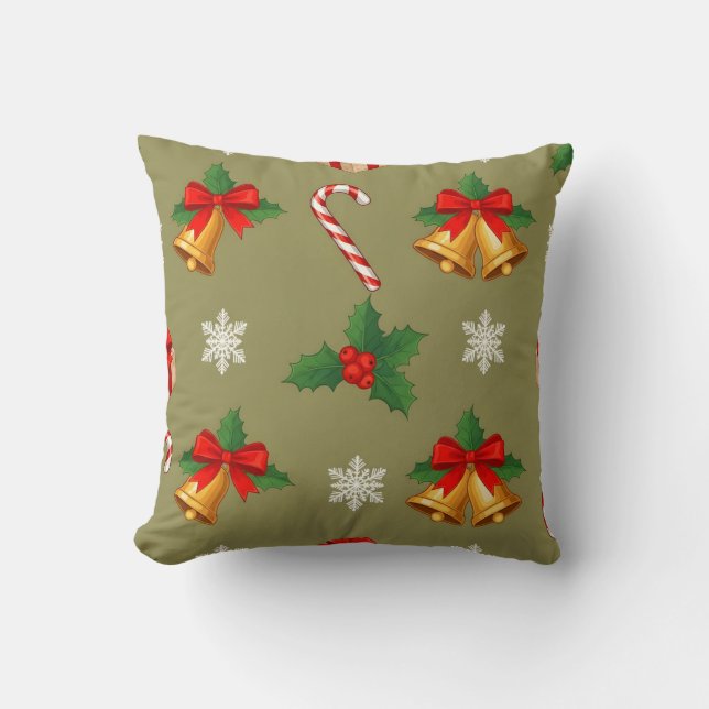 Christmas Bells & Candy Cane Throw Pillow (Front)