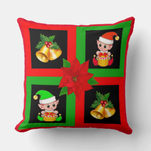 Christmas bells & elf on black, green & red cushion