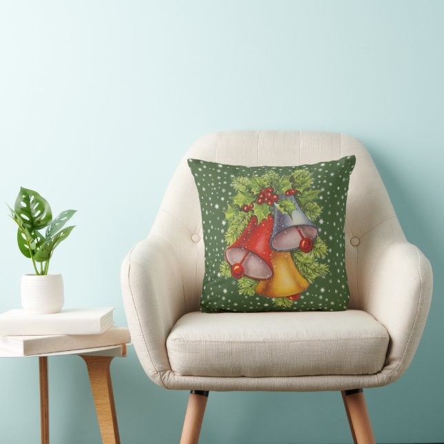 Christmas Bells Green Throw Pillow (Chair)