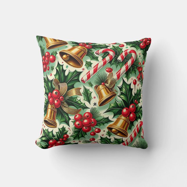 Christmas Bells holly candy canes art pattern Cushion (Front)