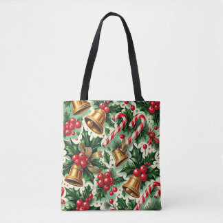 Christmas Bells holly candy canes art pattern Tote Bag