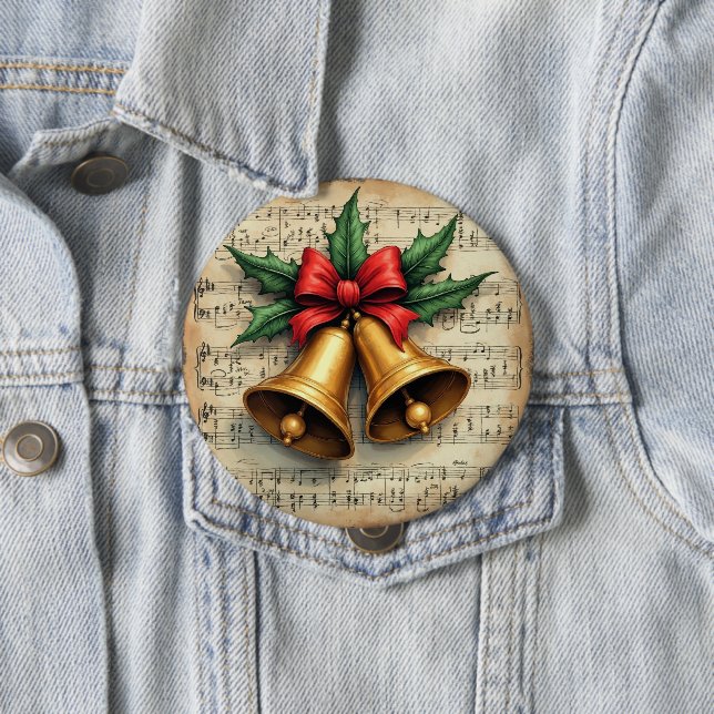 Christmas Bells on Sheet Music, 10 Cm Round Badge (In Situ)