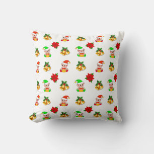 Christmas bells, poinsettia and cute elf ornament cushion