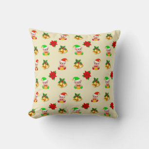 Christmas bells, poinsettia and cute elf ornament cushion