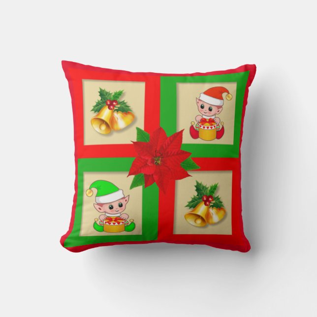 Christmas bells, poinsettia, elf on green & red cushion (Front)