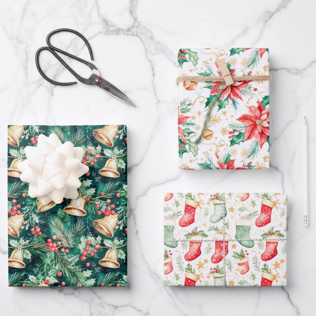 Christmas Bells, Poinsettias and Stockings Wrapping Paper Sheet (Front)