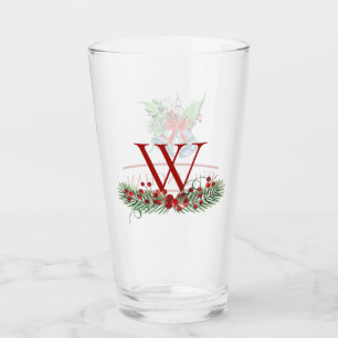 Christmas Bells Red Berries Evergreen Name Initial Glass