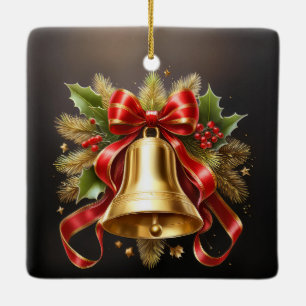 Christmas Bells With Garnish And Ribbon Ceramic Ornament