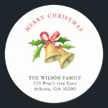 Christmas Bells with Red Bow Address Classic Round Sticker<br><div class="desc">Elegant & classic return address holiday stickers featuring Hand- painted Watercolor bells with red bow and berries.</div>