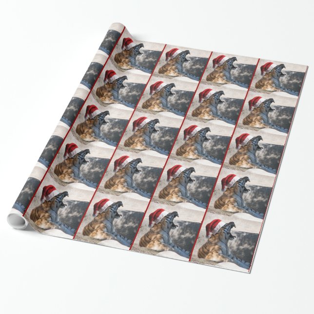 Christmas Bengal Tiger Roaring Wrapping Paper (Unrolled)