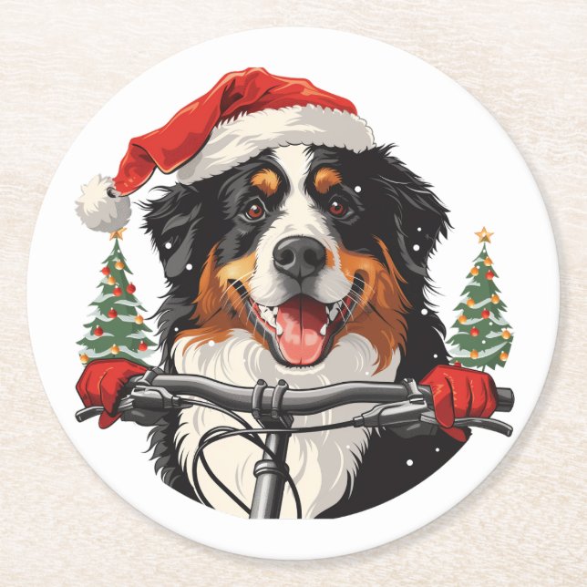 Christmas Bernese Mountain Dog Biking Round Paper Coaster (Front)