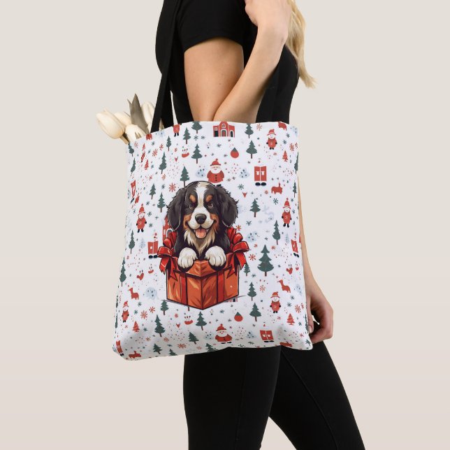 Christmas Bernese Mountain Dog Gift Box Tote Bag (Close Up)