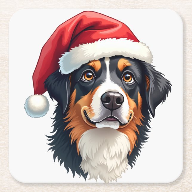 Christmas Bernese Mountain Dog in Santa Hat Square Paper Coaster (Front)