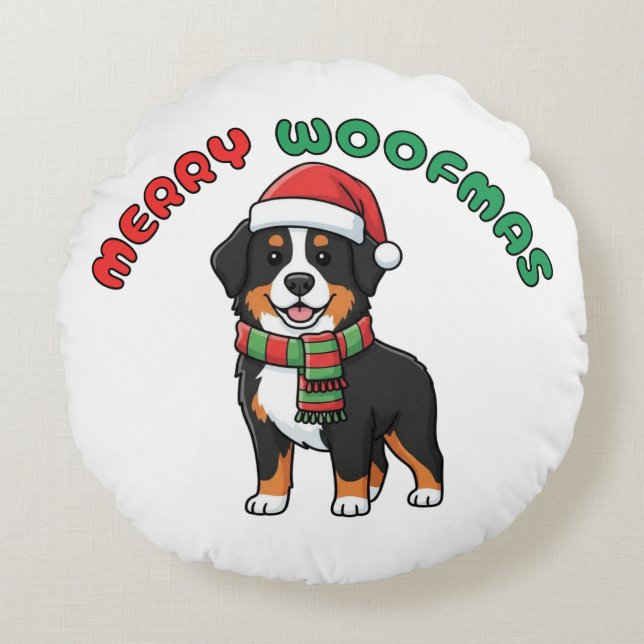 Christmas Bernese Mountain Dog: Merry Woofmas Round Cushion (Front)