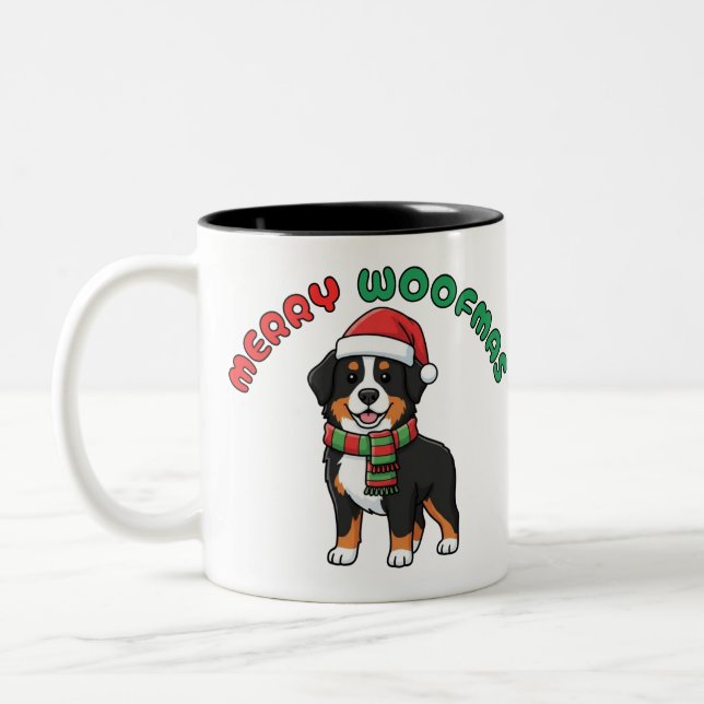Christmas Bernese Mountain Dog Mug: Merry Woofmas Two-Tone Coffee Mug (Left)