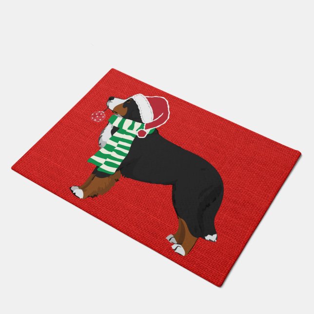 Christmas Bernese Mountain Dog Red Burlap Doormat (Angled)