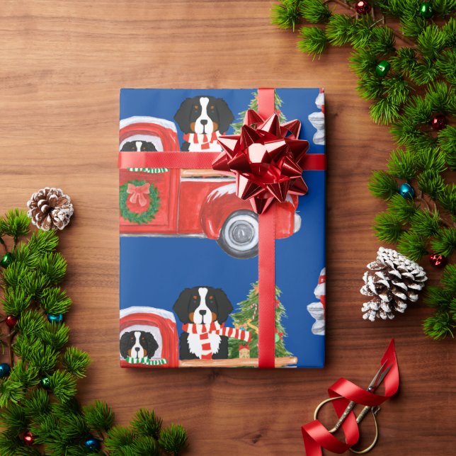 Christmas Bernese Mountain Dogs Red Truck Blue Wrapping Paper (Holiday Gift)