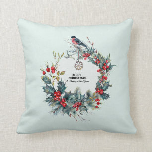 Christmas berries and bullfinch wreath cushion