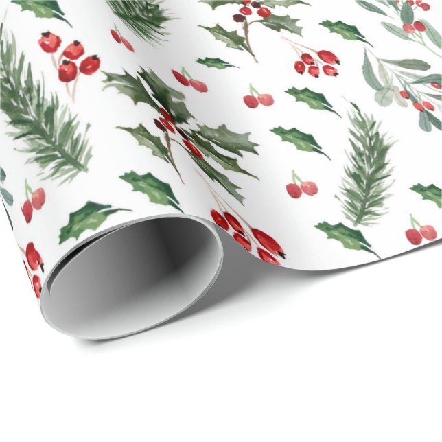 Christmas Berries and Green Leaves Pattern Wrapping Paper (Roll Corner)