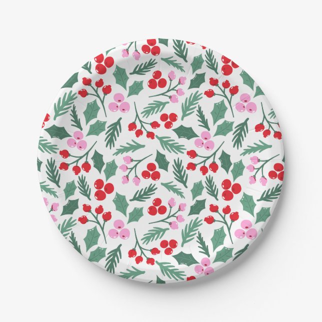 Christmas Berries and Leaves Pattern  Paper Plate (Front)