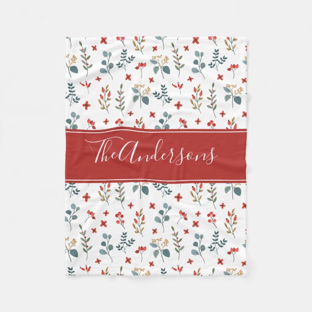Christmas Berries Botanical Floral Personalised Fleece Blanket (Front)