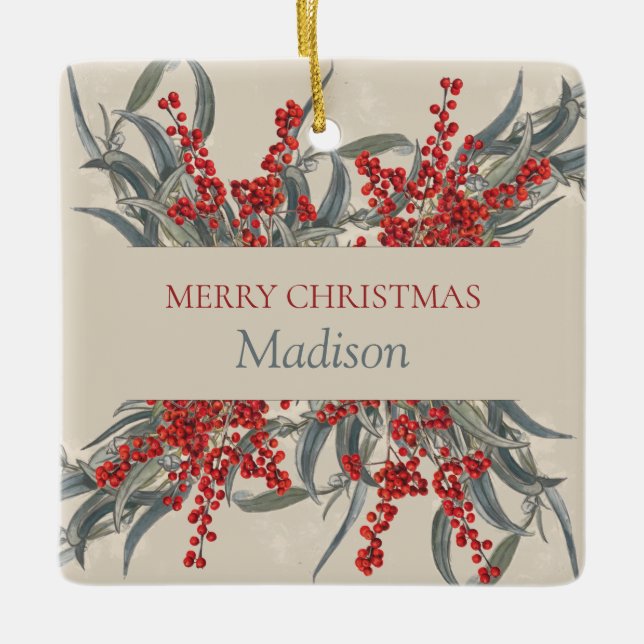 Christmas Berries & Eucalyptus Botanical Foliage  Ceramic Ornament (Front)