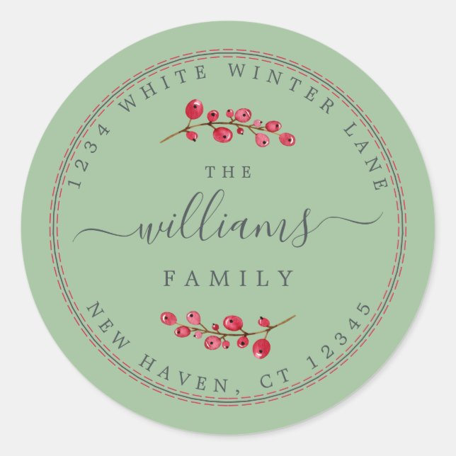 Christmas Berries Green Family Return Address Classic Round Sticker (Front)