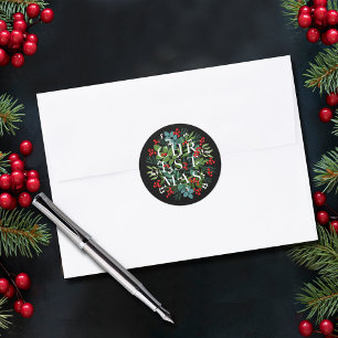 CHRISTMAS Berries Greenery Black Classic Round Sticker