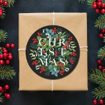 CHRISTMAS Berries Greenery Holiday Black Classic Round Sticker<br><div class="desc">The word CHRISTMAS sits among leaves and berries on a black background (or any colour) on these round stickers,  elegant for envelope seals,  party favours or any holiday Christmas occasion. MATCHING items in our store.</div>