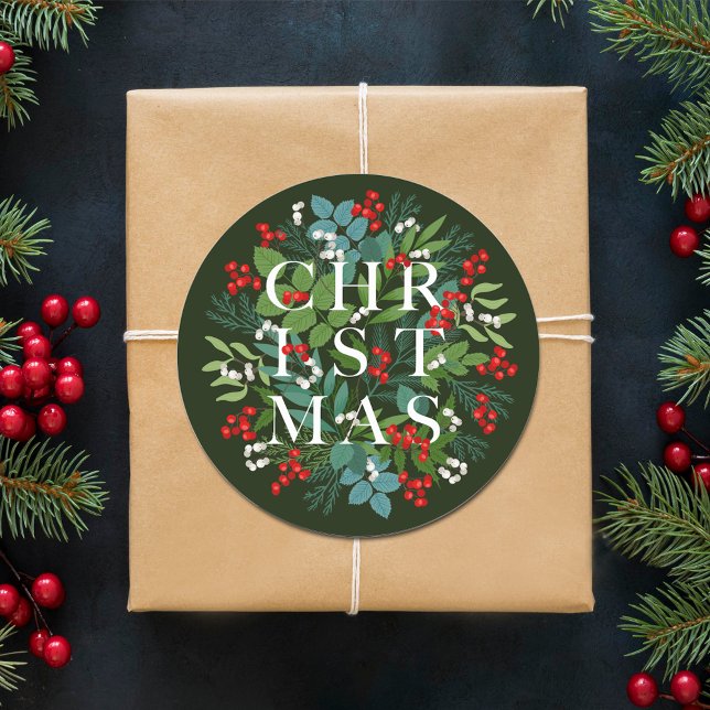 CHRISTMAS Berries Greenery Holiday Classic Round Sticker (CHRISTMAS Berries Greenery Holiday on 3" Green Round Stickers)