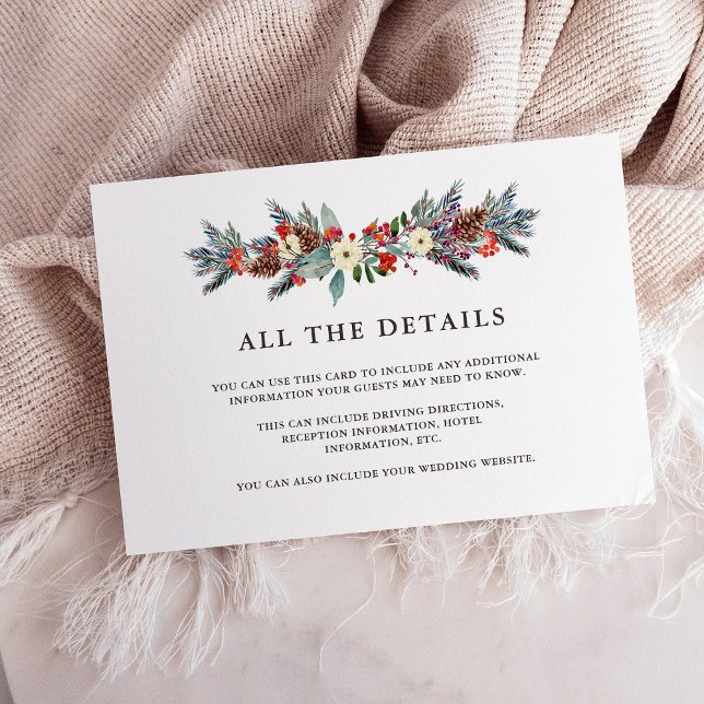 Christmas Berries | Holiday Wedding Guest Details Enclosure Card (A holiday wedding rsvp card with Christmas berries and flowers)