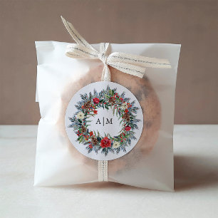 Christmas Berries   Monogram Holiday Wedding Classic Round Sticker