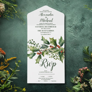 Christmas Berries & Pine Wedding All In One Invitation