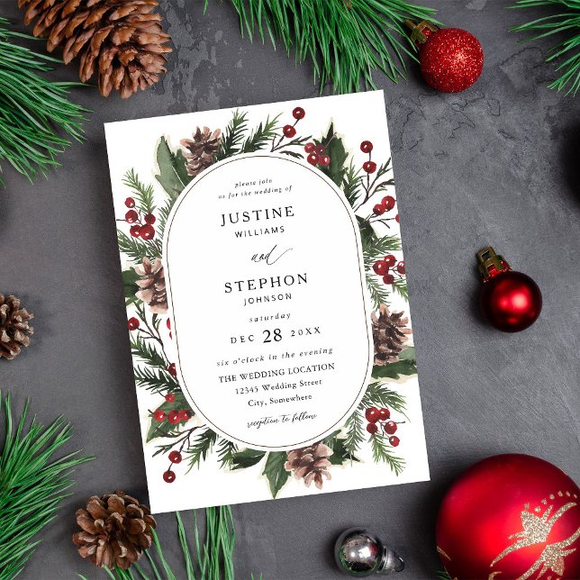 Christmas Berries & Pine Wedding Invitation (Creator Uploaded)