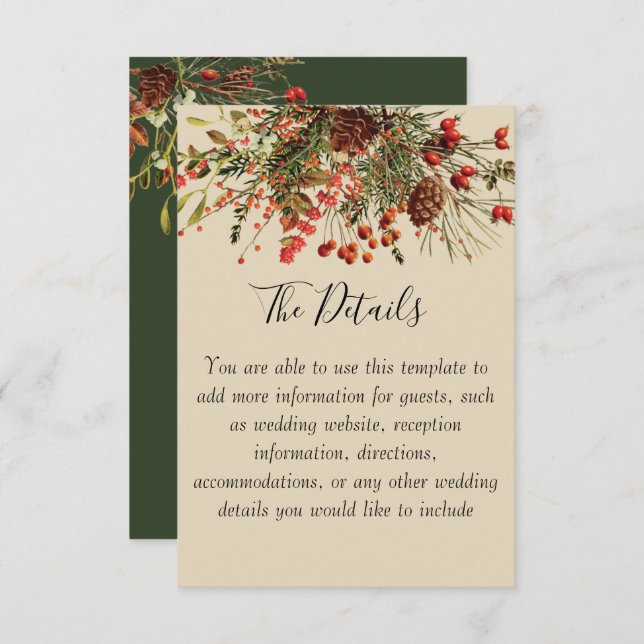 Christmas Berries Wedding Details Card with Green (Front/Back)