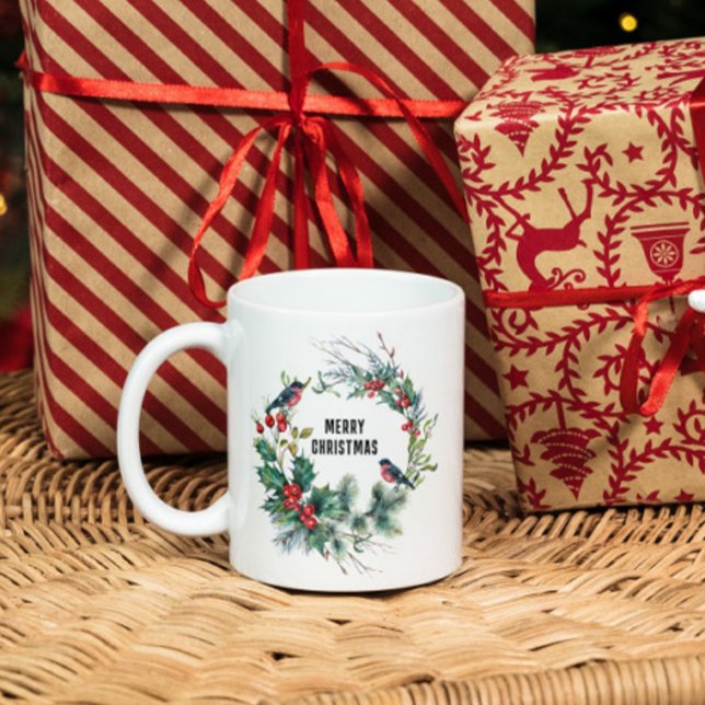 Christmas Berries Wreath Merry Christmas Typograph Coffee Mug (Creator Uploaded)