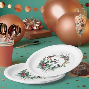 Christmas Berries Wreath Merry Christmas Typograph Paper Plate