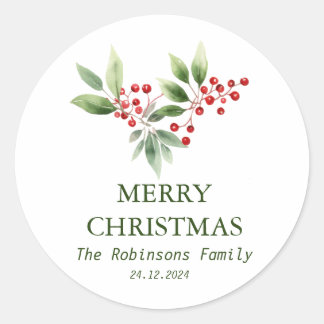 Christmas Berry Branch Watercolor Classic Round Sticker