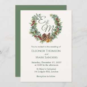 Christmas berry, pine wreath monogram Wedding Invitation