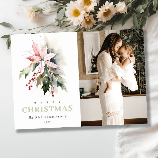 Christmas Berry Poinsettia Fauna Watercolor Photo Holiday Card (Creator Uploaded)