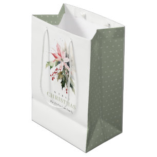 Christmas Berry Poinsettia Foliage Watercolor Medium Gift Bag