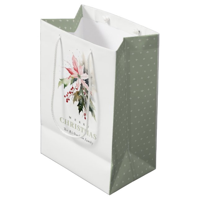 Christmas Berry Poinsettia Foliage Watercolor Medium Gift Bag (Front Angled)